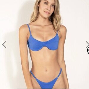 One One Blue Ribbed Bikini Lupita Top Allie Bottoms Womens Small Beach Vacation